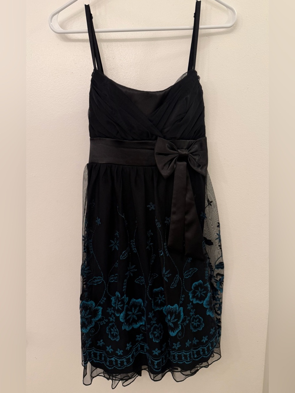 City Triangles Black Midi Dress with Teal Floral Embroidery and Waist Bow